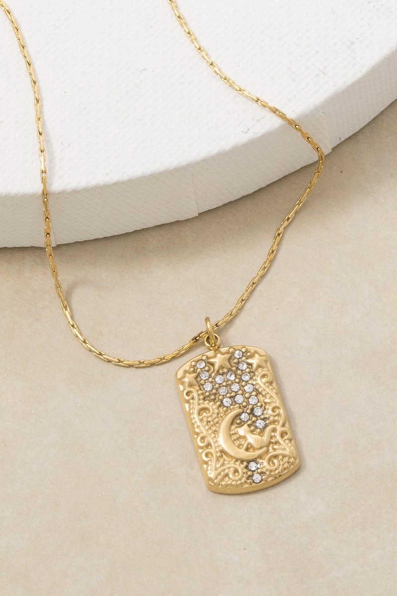 Celestial Moon And Stars Crystal Dog Tag Pendant Necklace