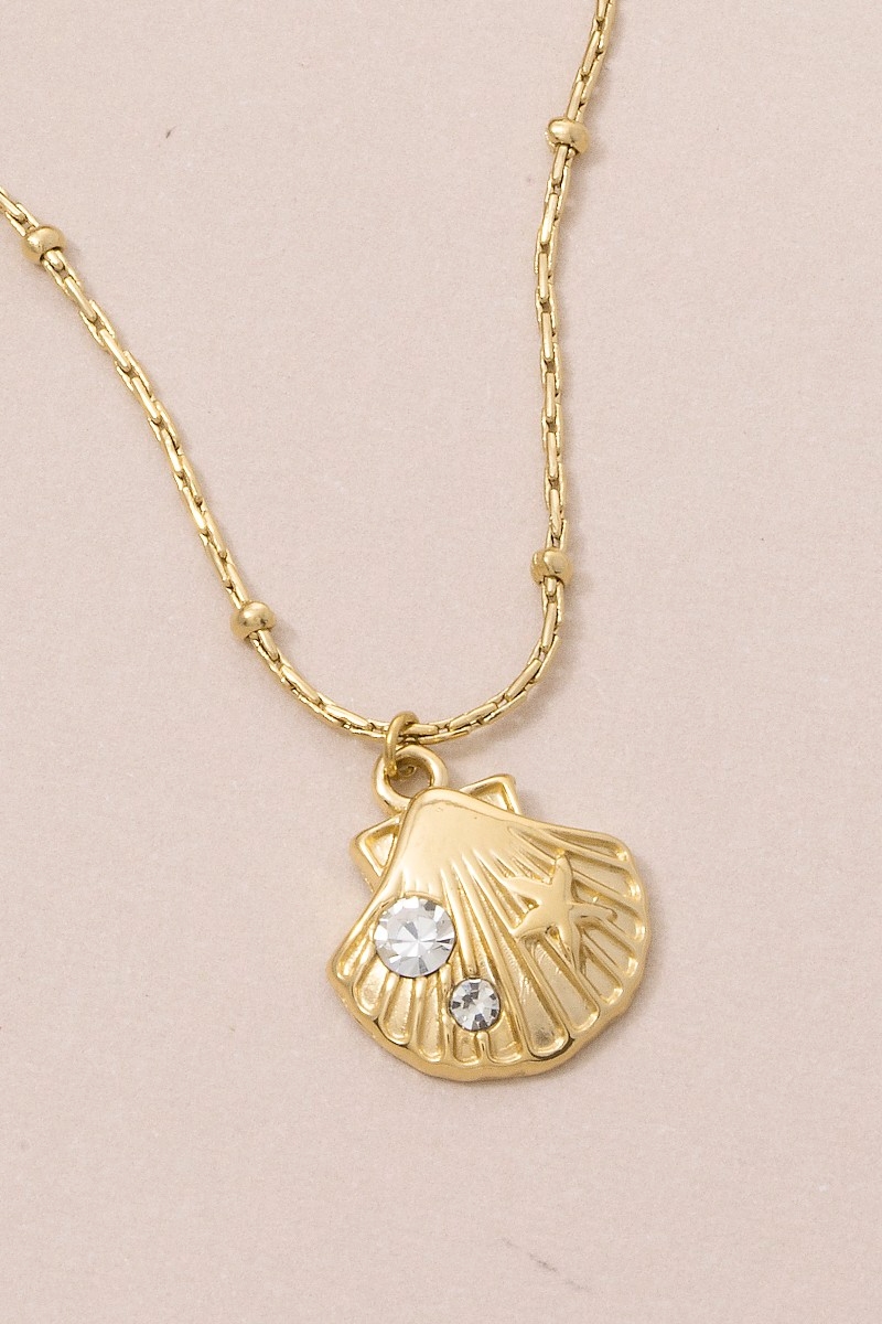 Crystal Accent Seashell Charm Pendant Necklace