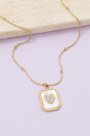 Mother Of Pearl Crystal Heart Rectangle Pendant Necklace