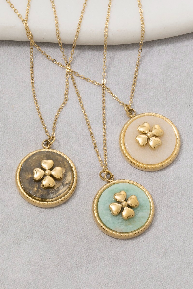 Mother Of Pearl Four Leaf Clover Coin Pendant Necklace