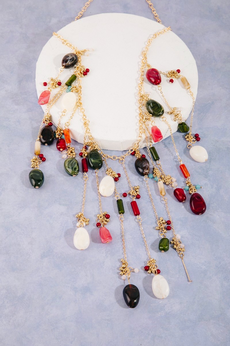 Chain Link Multi Stone Fringe Statement Necklace