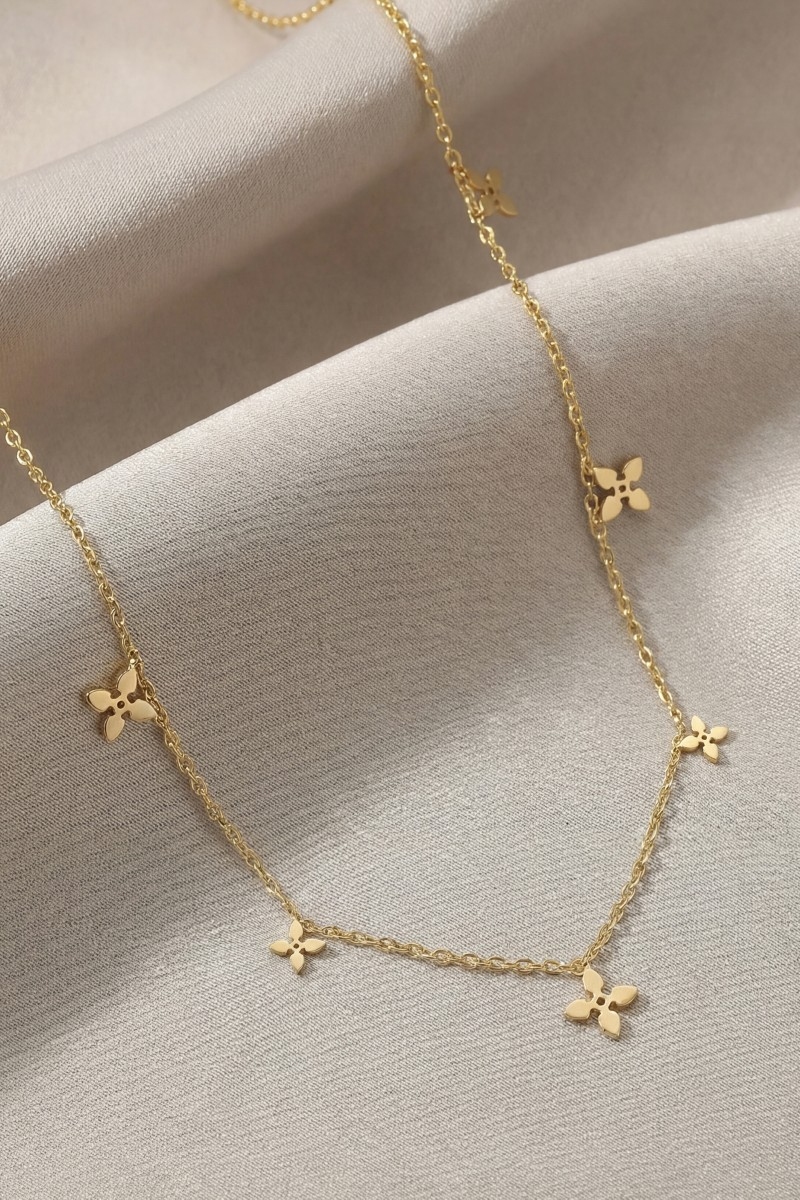 Stainless Steel Flower Charms Station Necklace