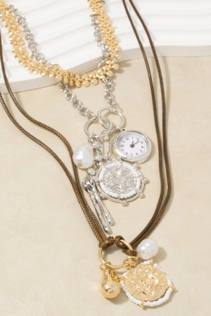 Mixed Metal Layered Charm Ribbon Tie With Watch Necklace