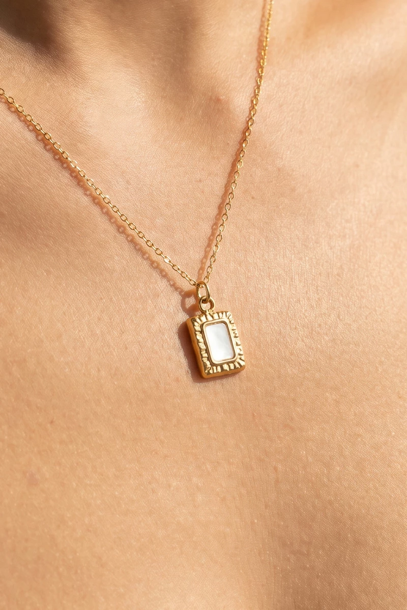 Stainless Steel Rectangle Mop Pendant Necklace