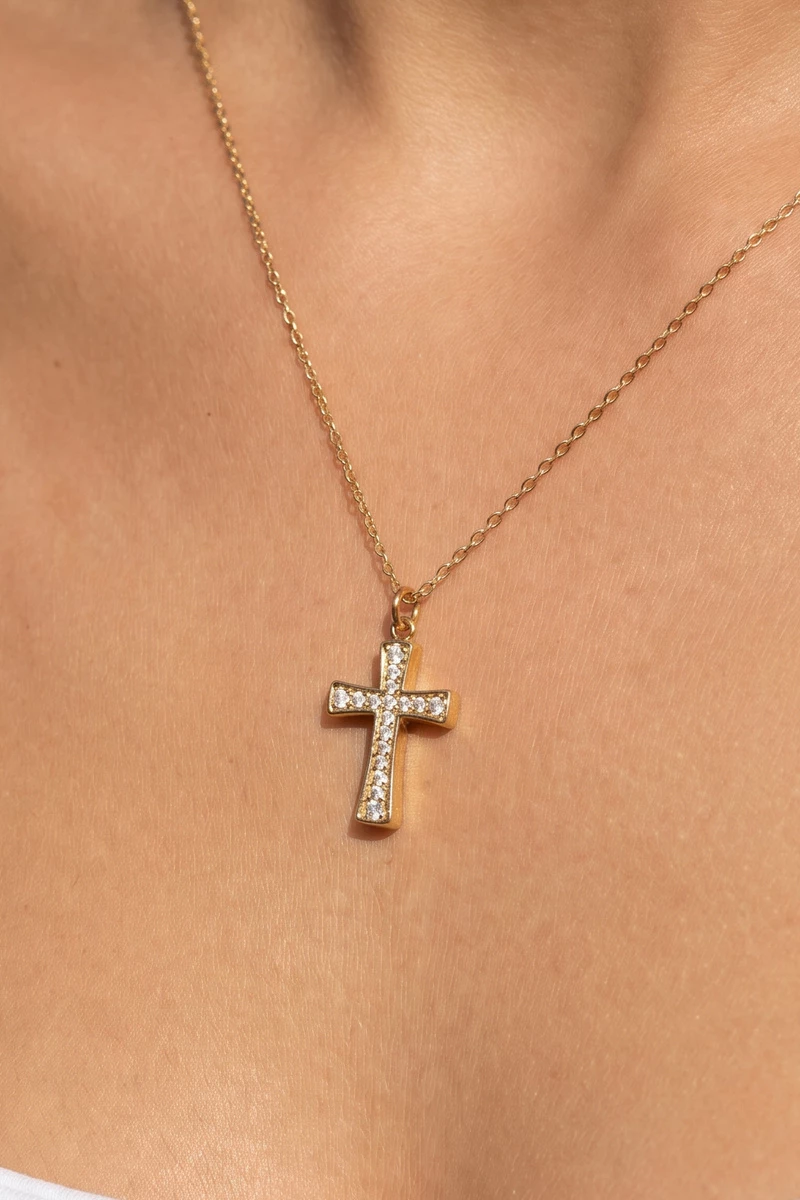 Stainless Steel Cz Pave Cross Pendant Necklace