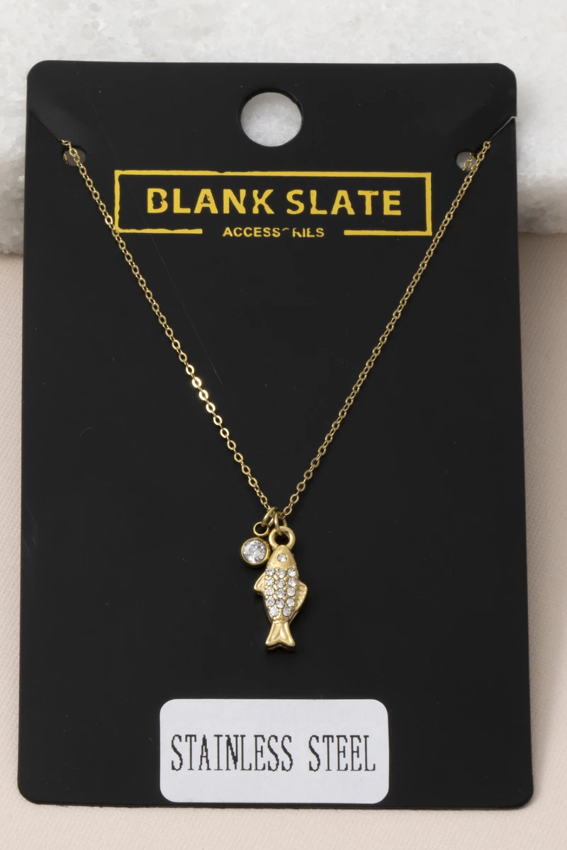 Stainless Steel Pave Cz Fish Pendant Necklace