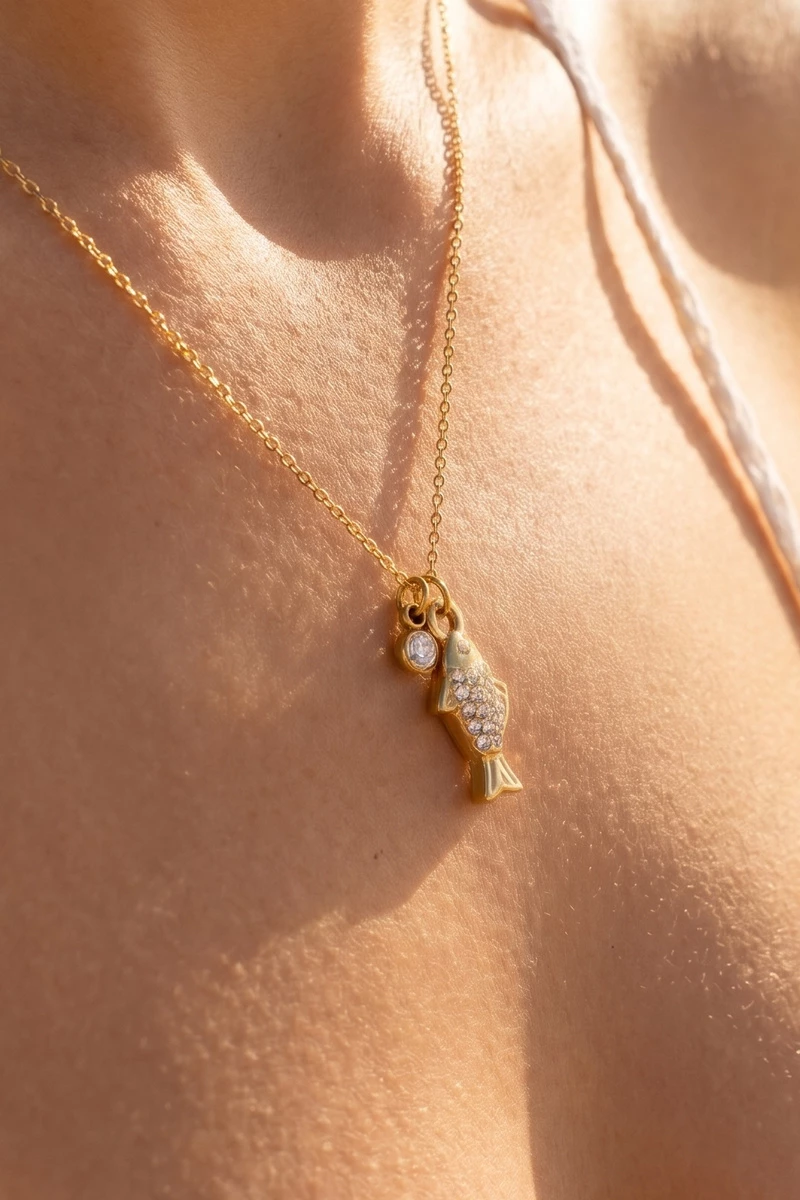 Stainless Steel Pave Cz Fish Pendant Necklace