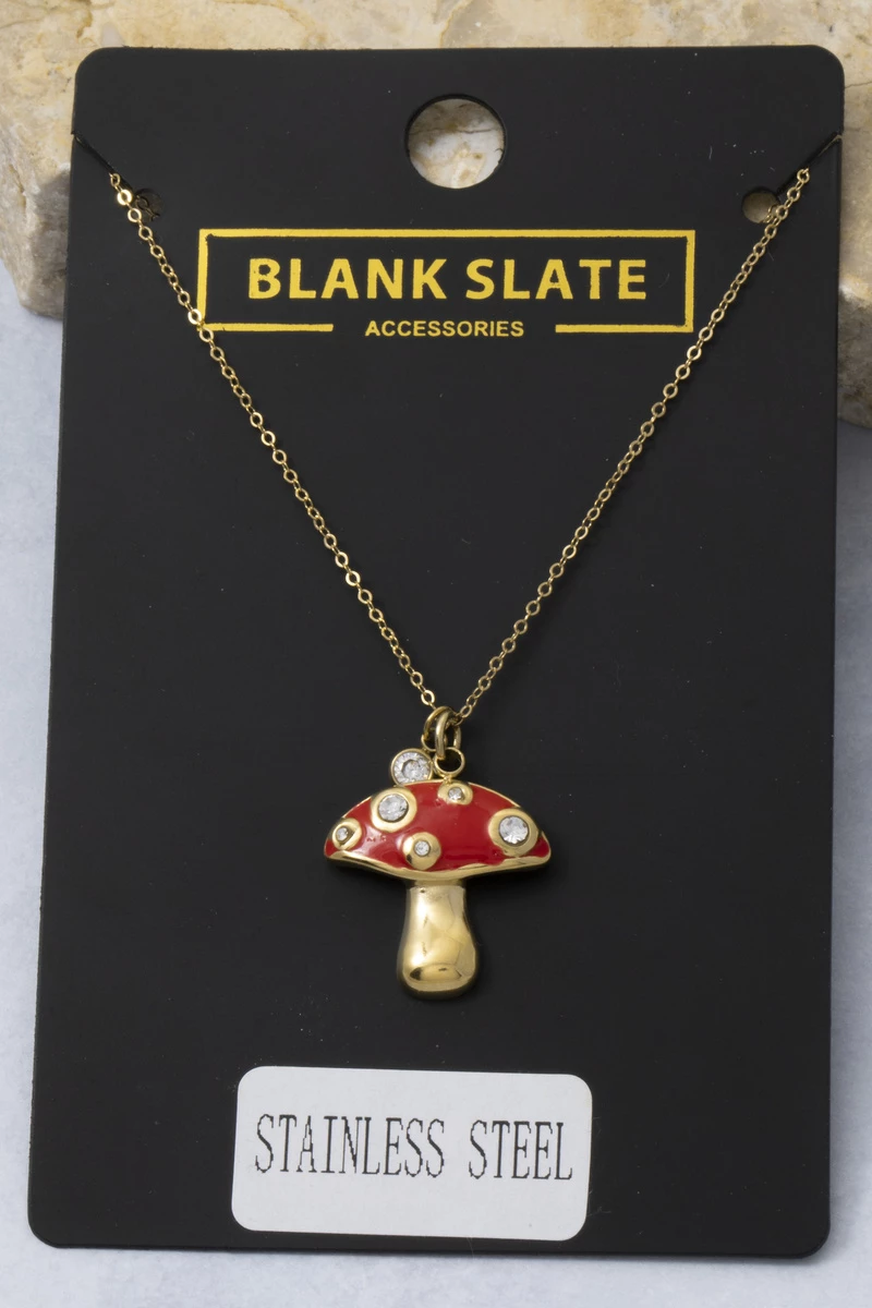 Stainless Steel Pave Cz Mushroom Necklace