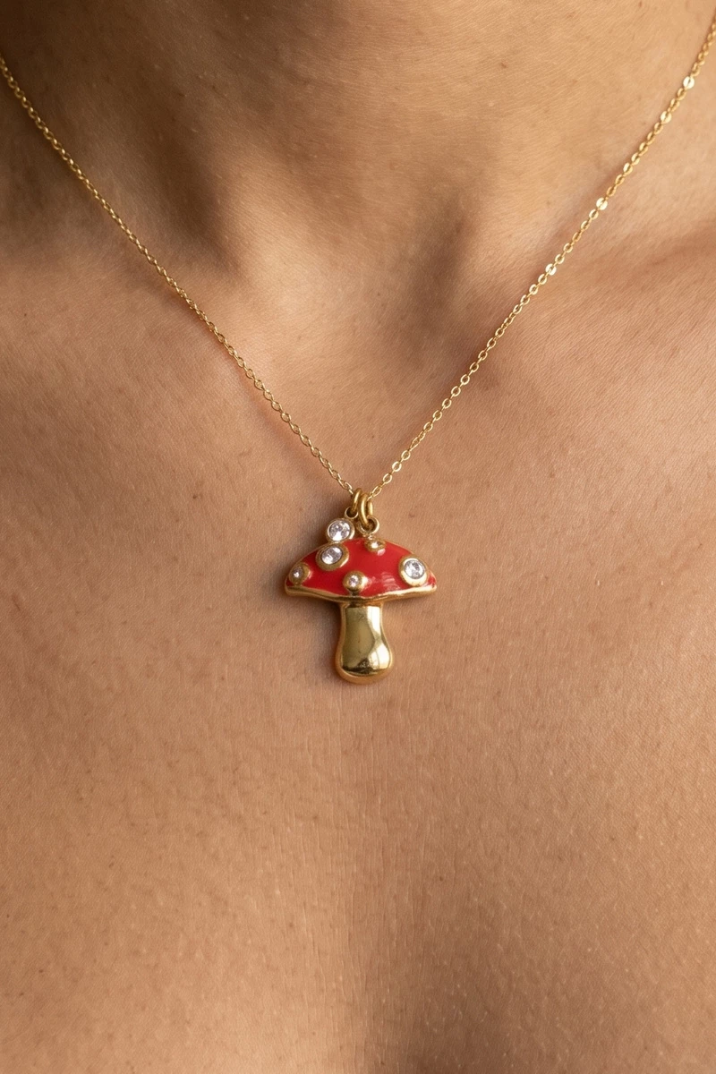 Stainless Steel Pave Cz Mushroom Necklace