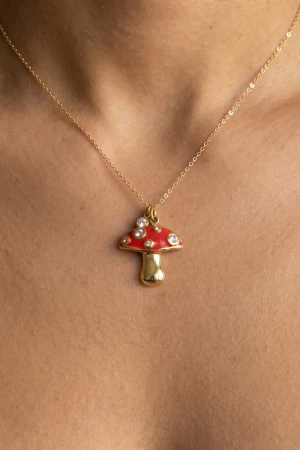 Stainless Steel Pave Cz Mushroom Necklace