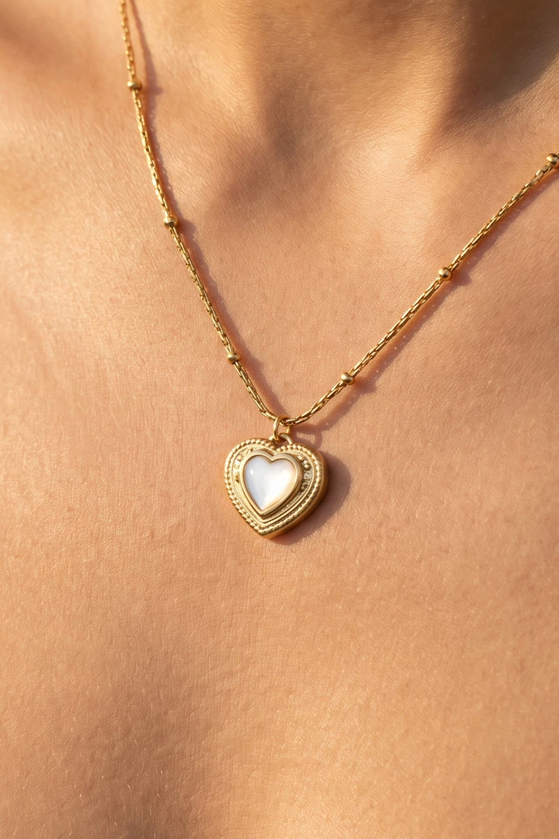 Stainless Steel Beaded Heart Mop Pendant Necklace