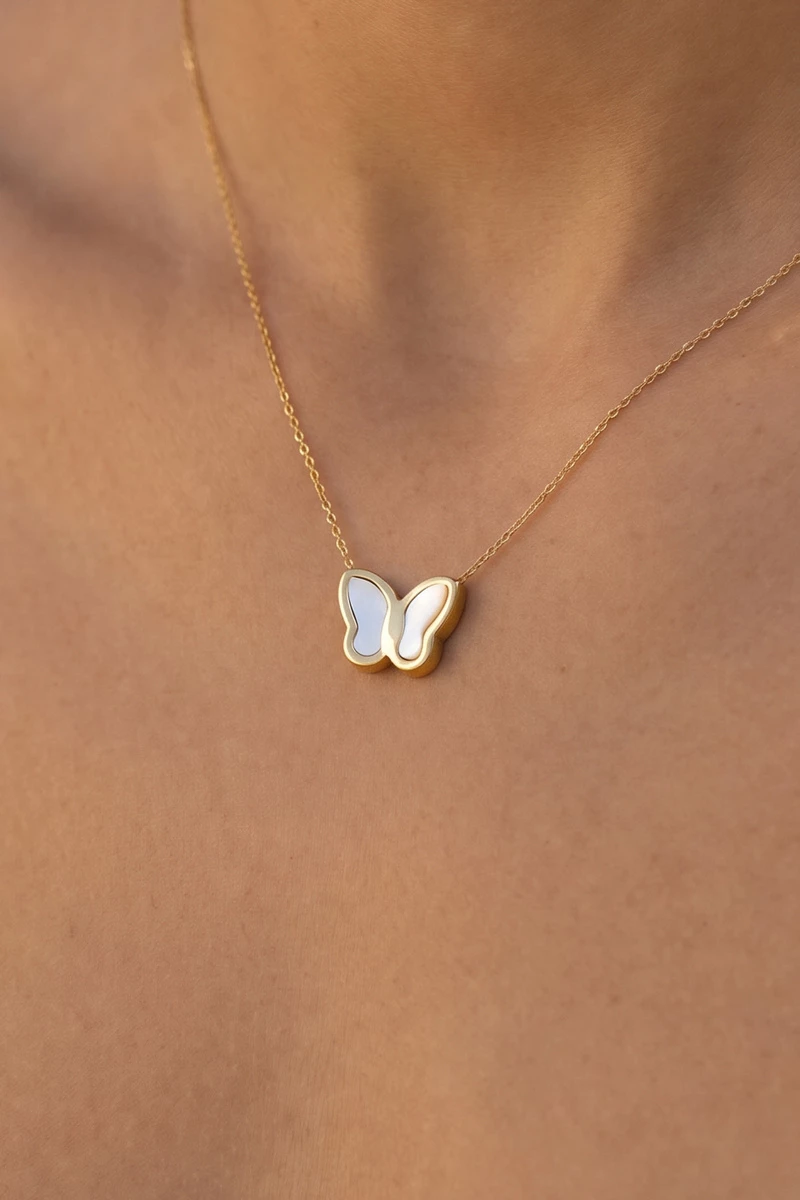Stainless Steel Mop Butterfly Pendant Necklace