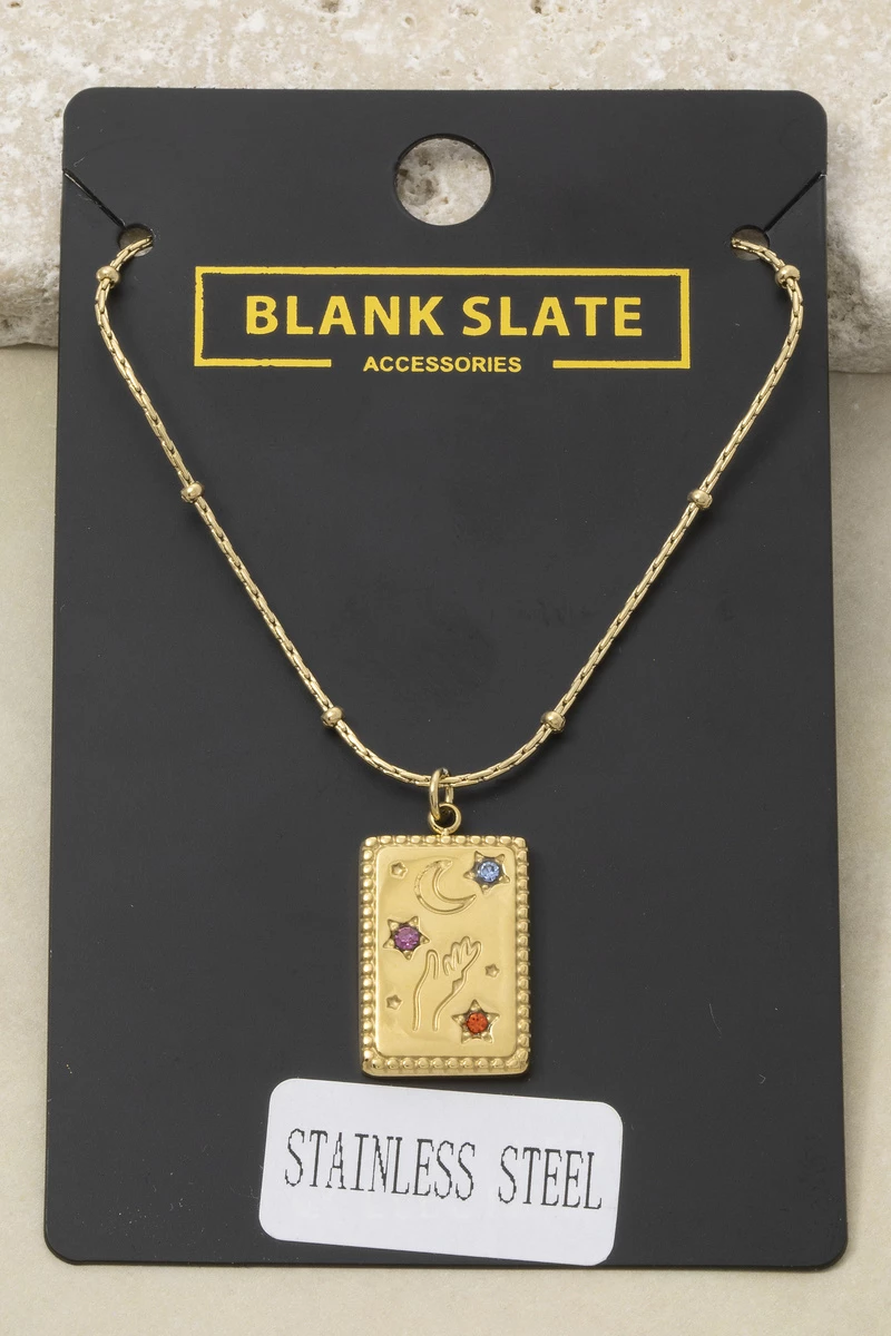 Stainless Steel Celestial Hand Moon Tag Necklace