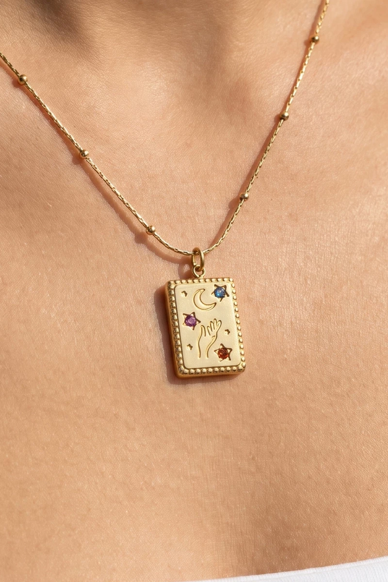 Stainless Steel Celestial Hand Moon Tag Necklace