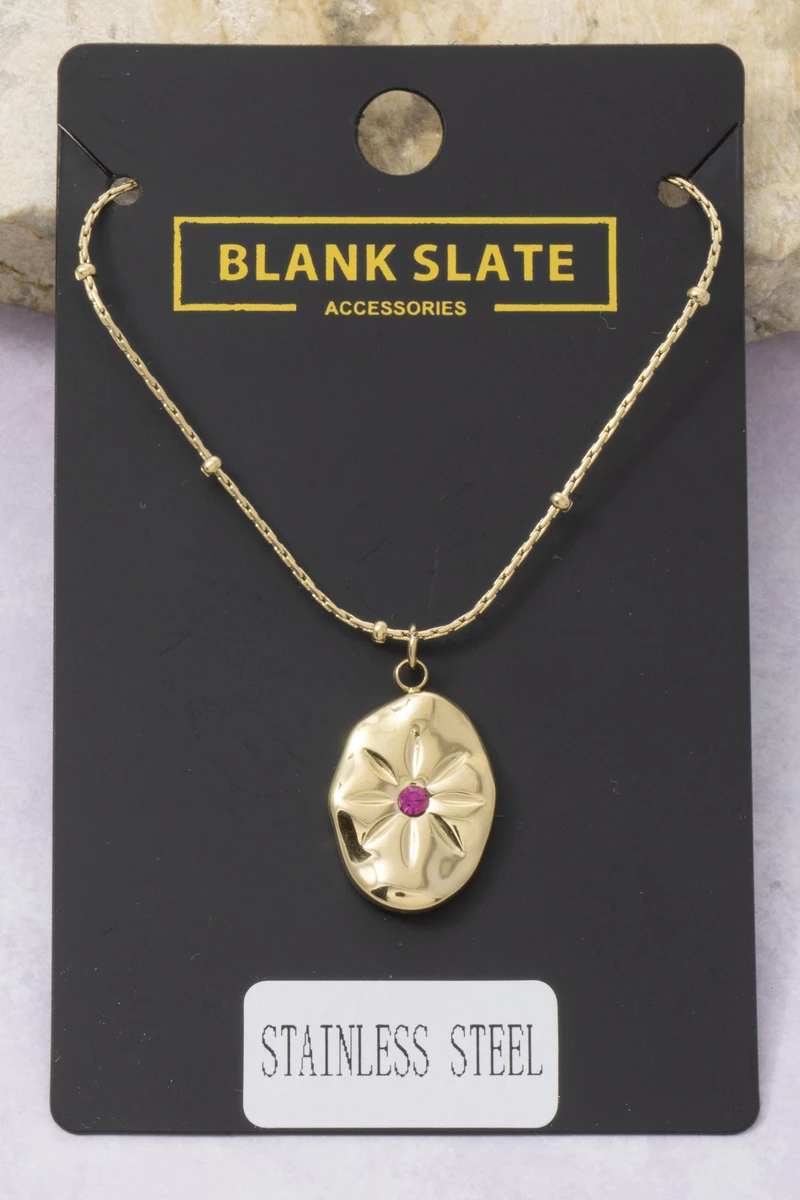 Stainless Steel Floral Oval Cz Pendant Necklace