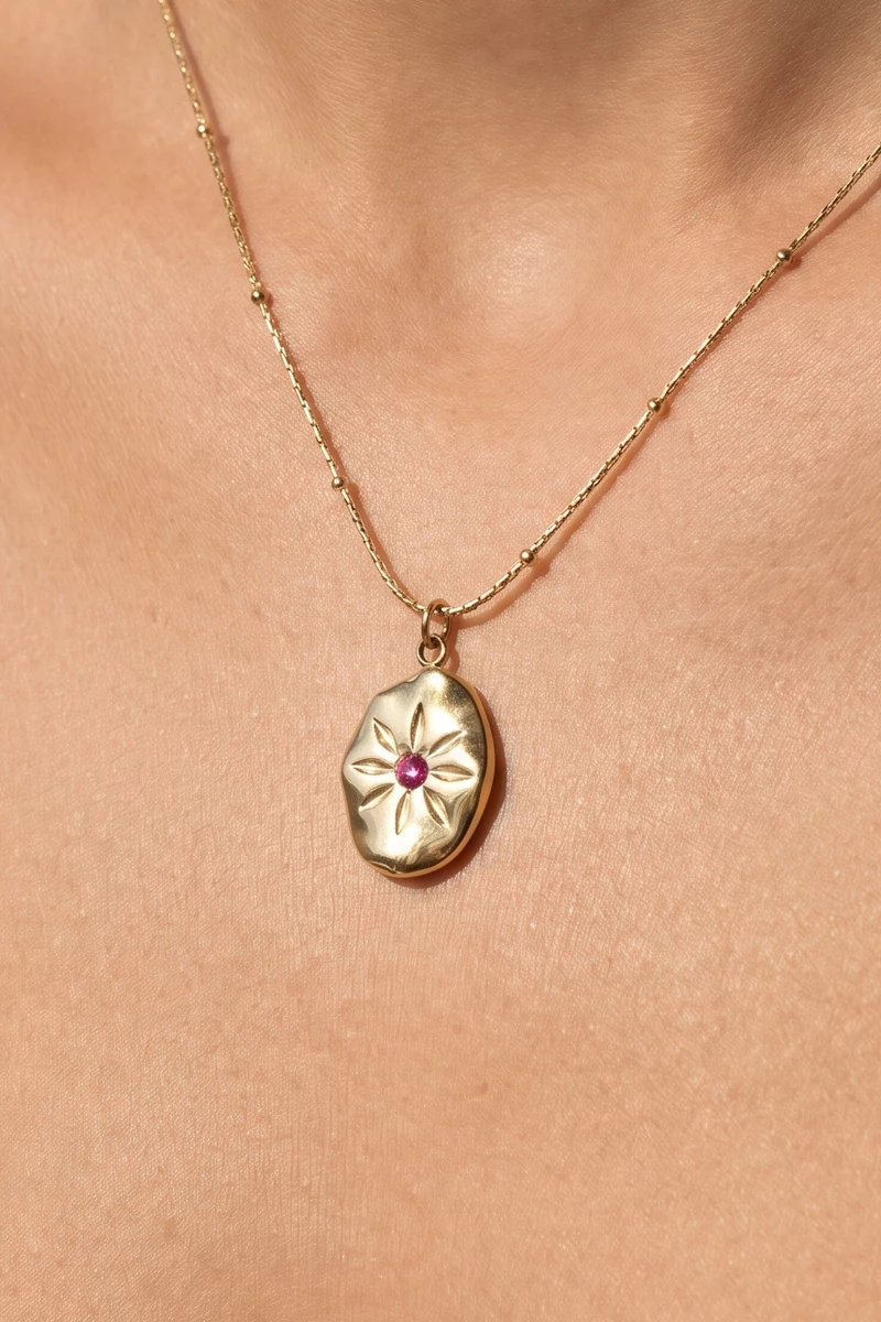 Stainless Steel Floral Oval Cz Pendant Necklace