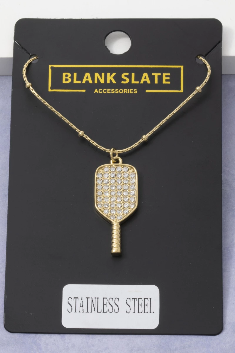 Stainless Steel Cz Pickleball Paddle Pendant Necklace