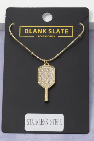 Stainless Steel Cz Pickleball Paddle Pendant Necklace