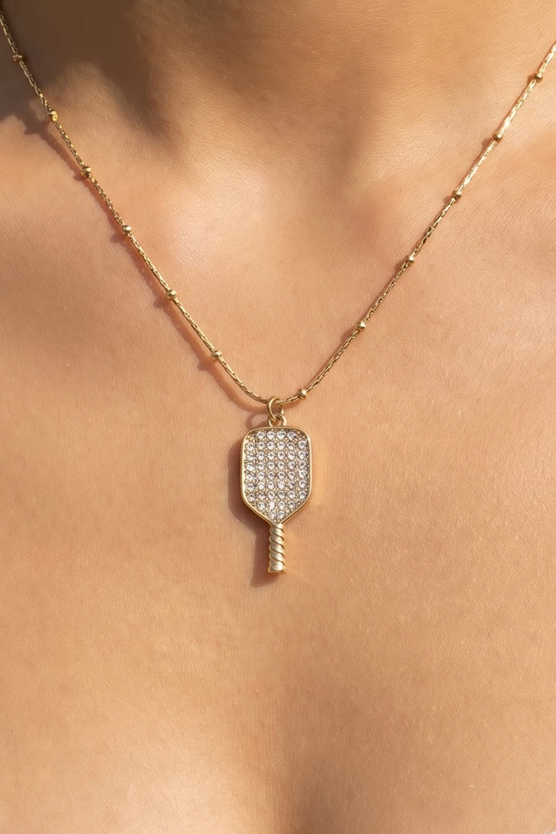Stainless Steel Cz Pickleball Paddle Pendant Necklace