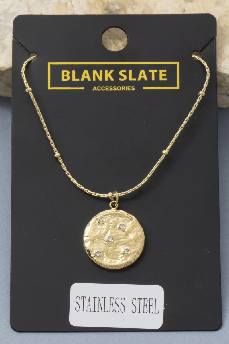 Stainless Steel Hammered Coin Cz Pendant Necklace