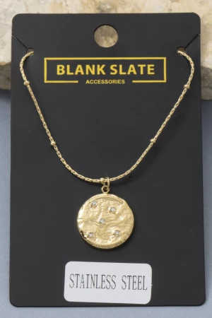 Stainless Steel Hammered Coin Cz Pendant Necklace