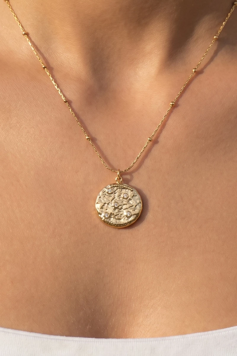 Stainless Steel Hammered Coin Cz Pendant Necklace
