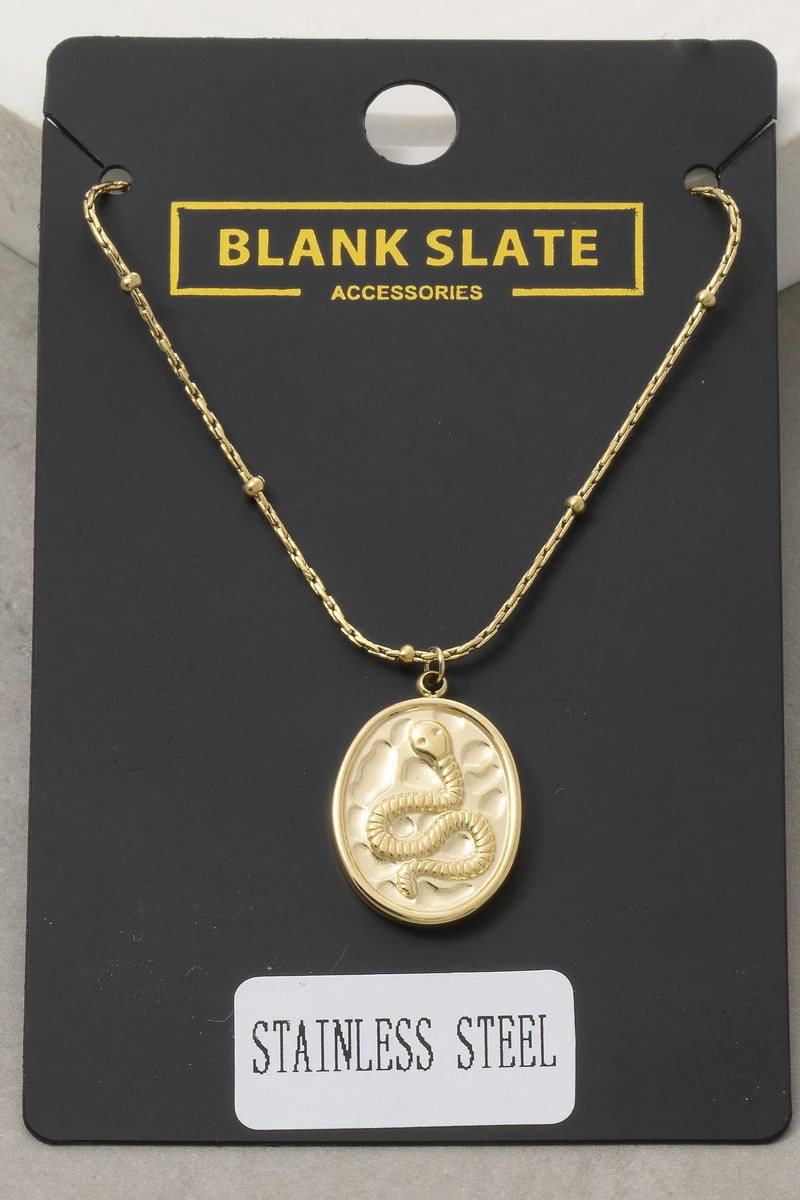 Stainless Steel Coiled Snake Oval Coin Necklace