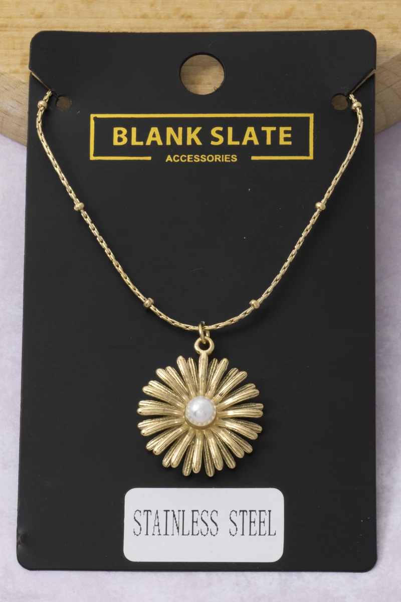 Stainless Steel Sunflower Pearl Pendant Necklace