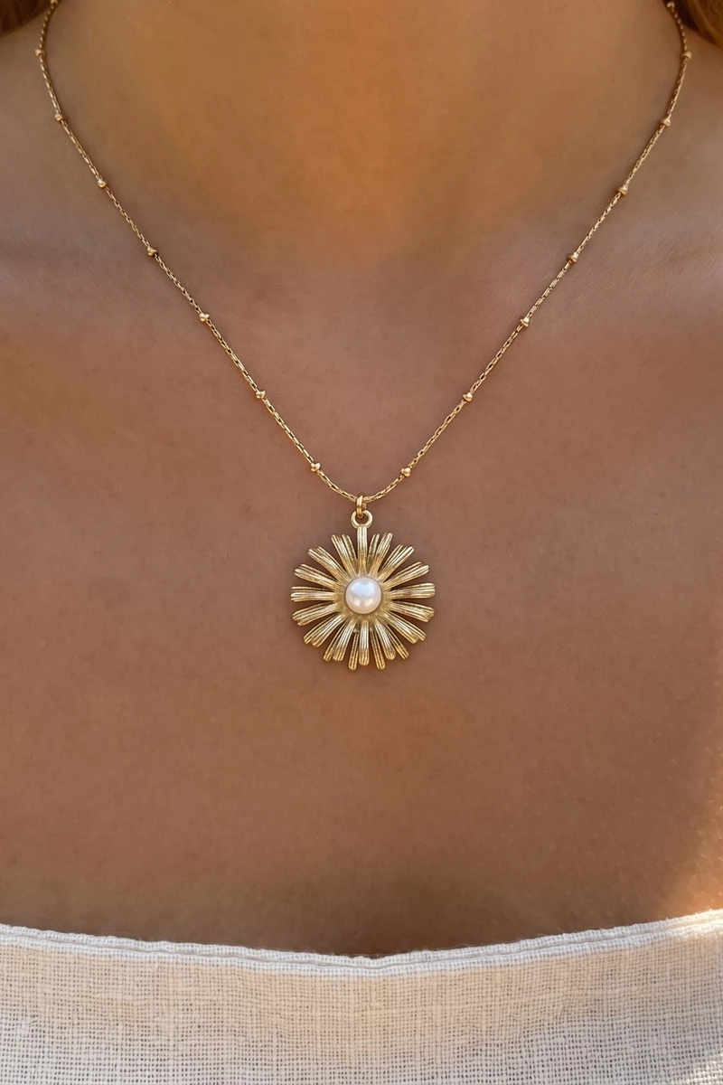 Stainless Steel Sunflower Pearl Pendant Necklace