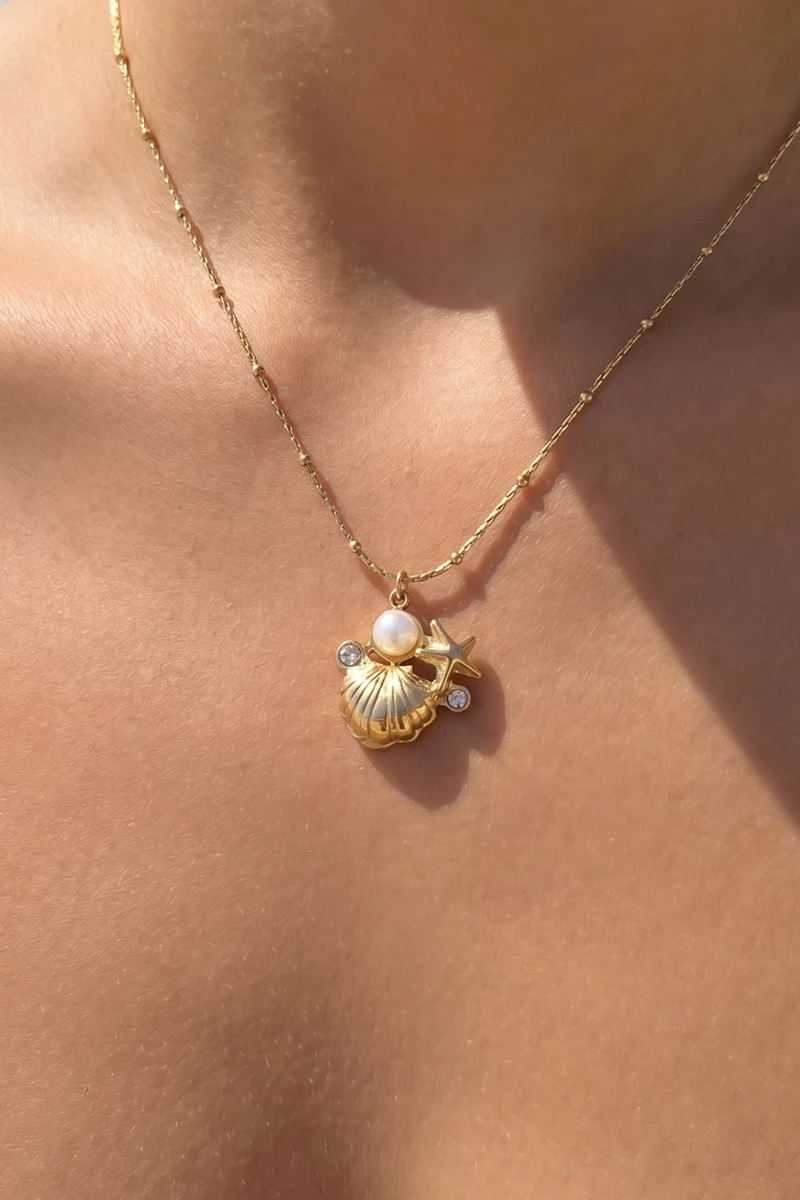 Stainless Steel Seashell Starfish Pendant Necklace