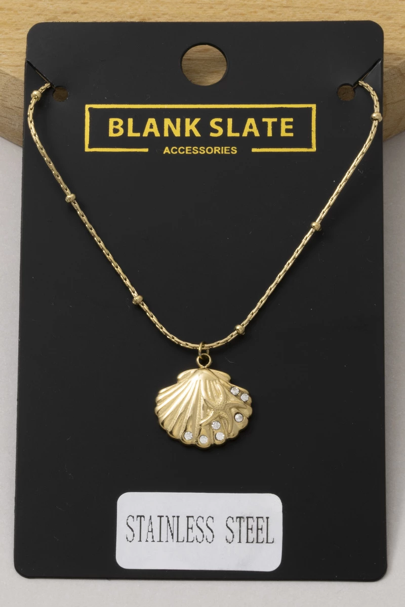 Stainless Steel Pave Cz Seashell Necklace