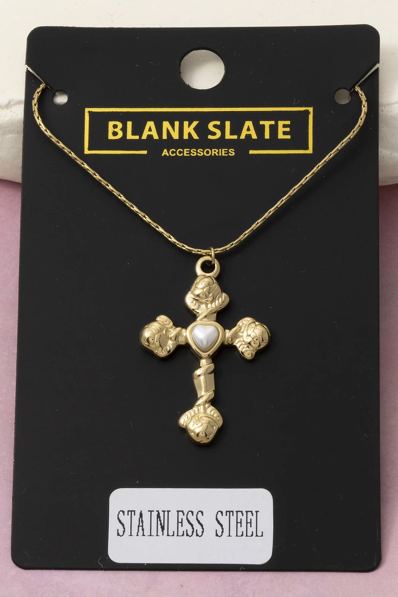 Stainless Steel Pearl Cross Pendant Necklace