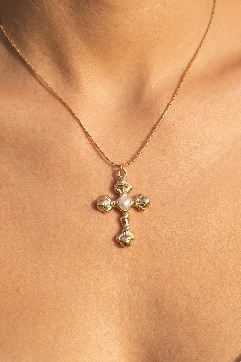 Stainless Steel Pearl Cross Pendant Necklace