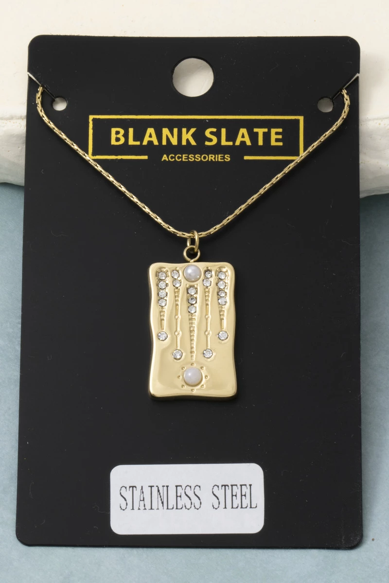 Stainless Steel Pave Cz Pearl Tag Necklace
