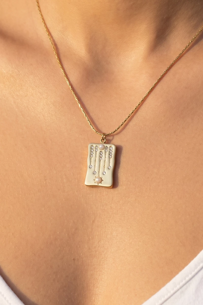 Stainless Steel Pave Cz Pearl Tag Necklace