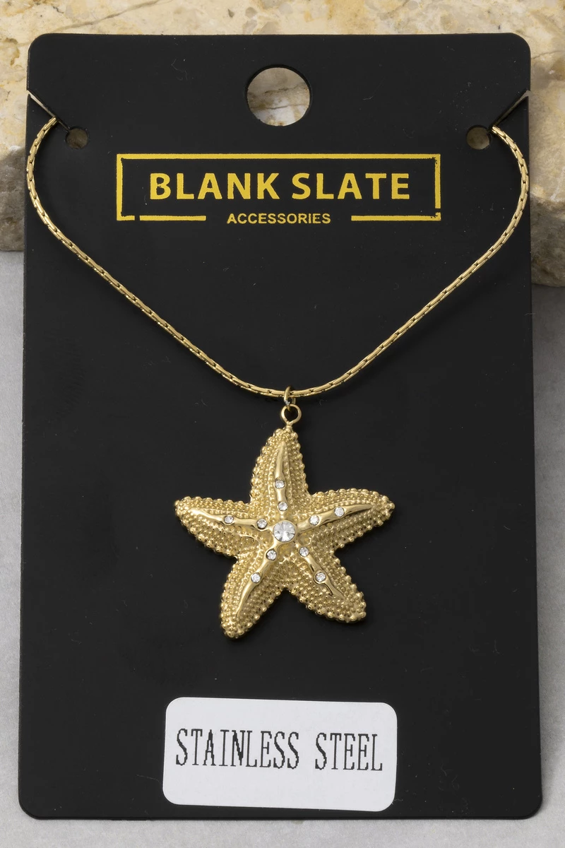 Stainless Steel Pave Cz Starfish Necklace