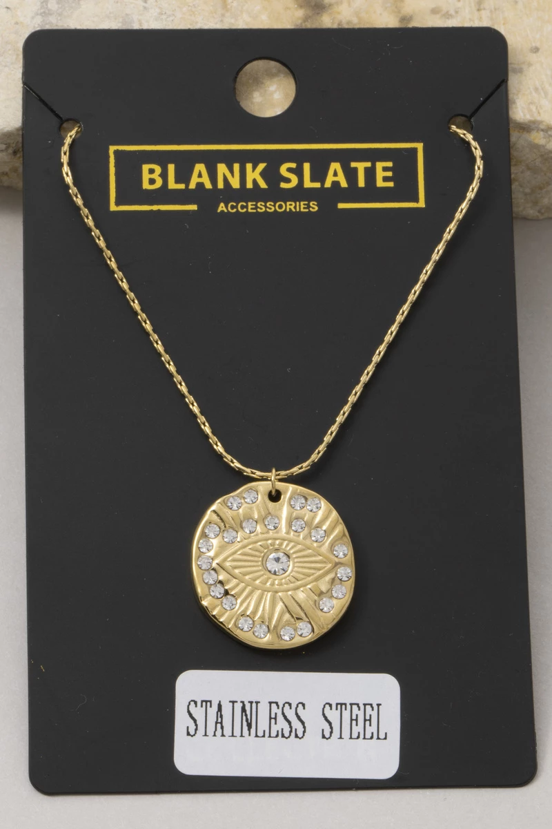 Stainless Steel Evil Eye Cz Coin Pendant Necklace