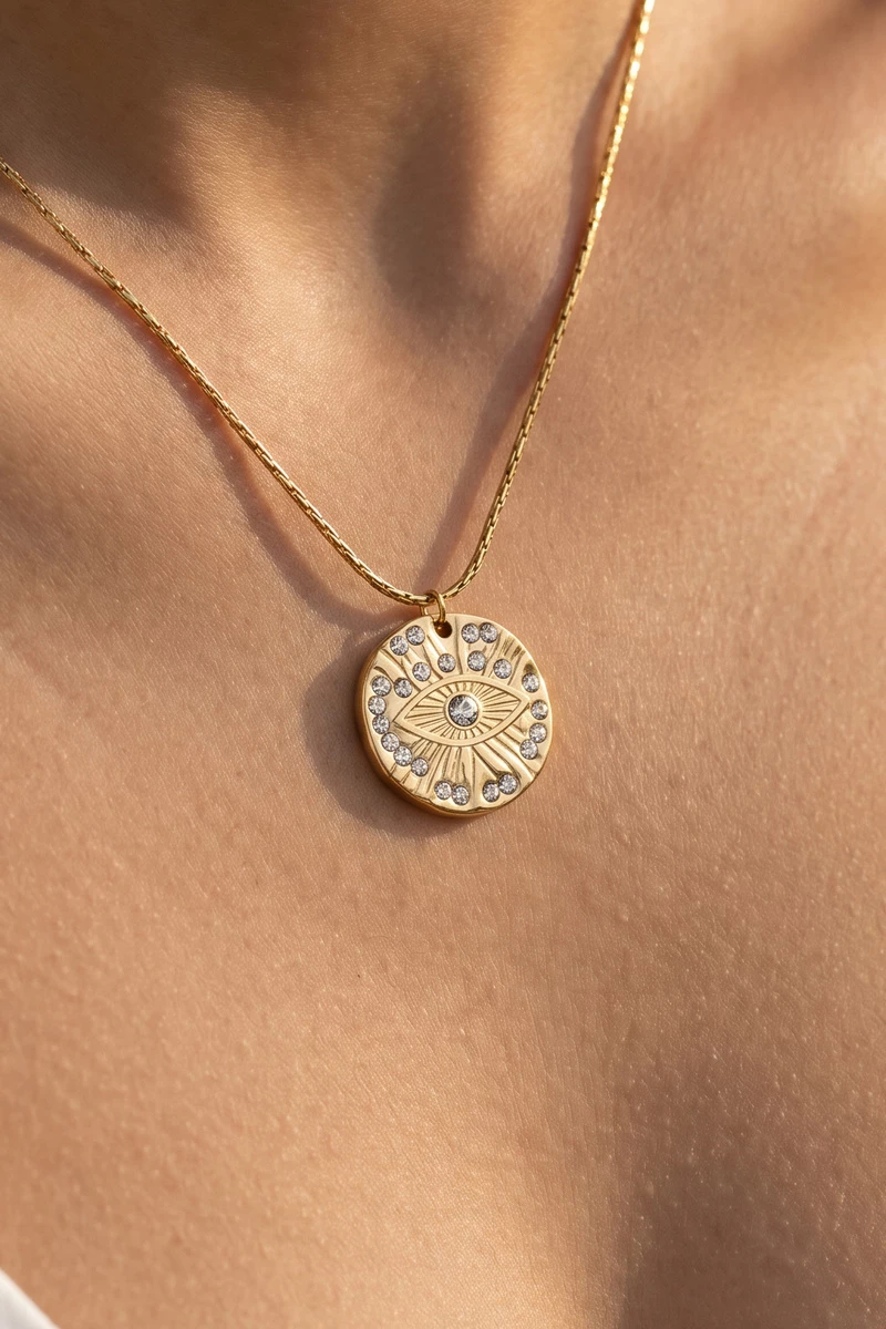 Stainless Steel Evil Eye Cz Coin Pendant Necklace