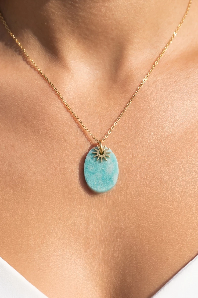 Gold Dipped Sunburst Charm Stone Oval Necklace