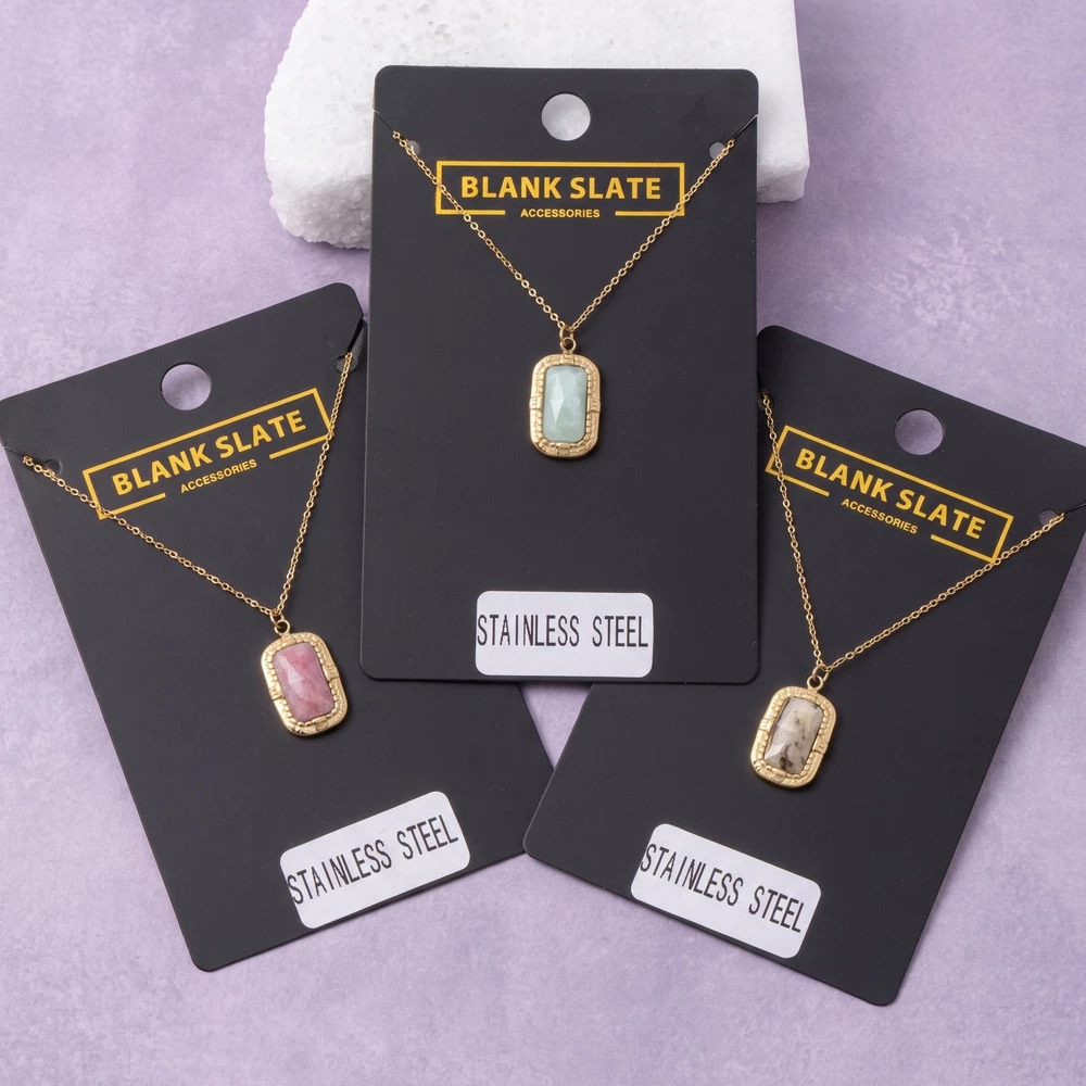 Stainless Steel Step Cut Stone Pendant Necklace