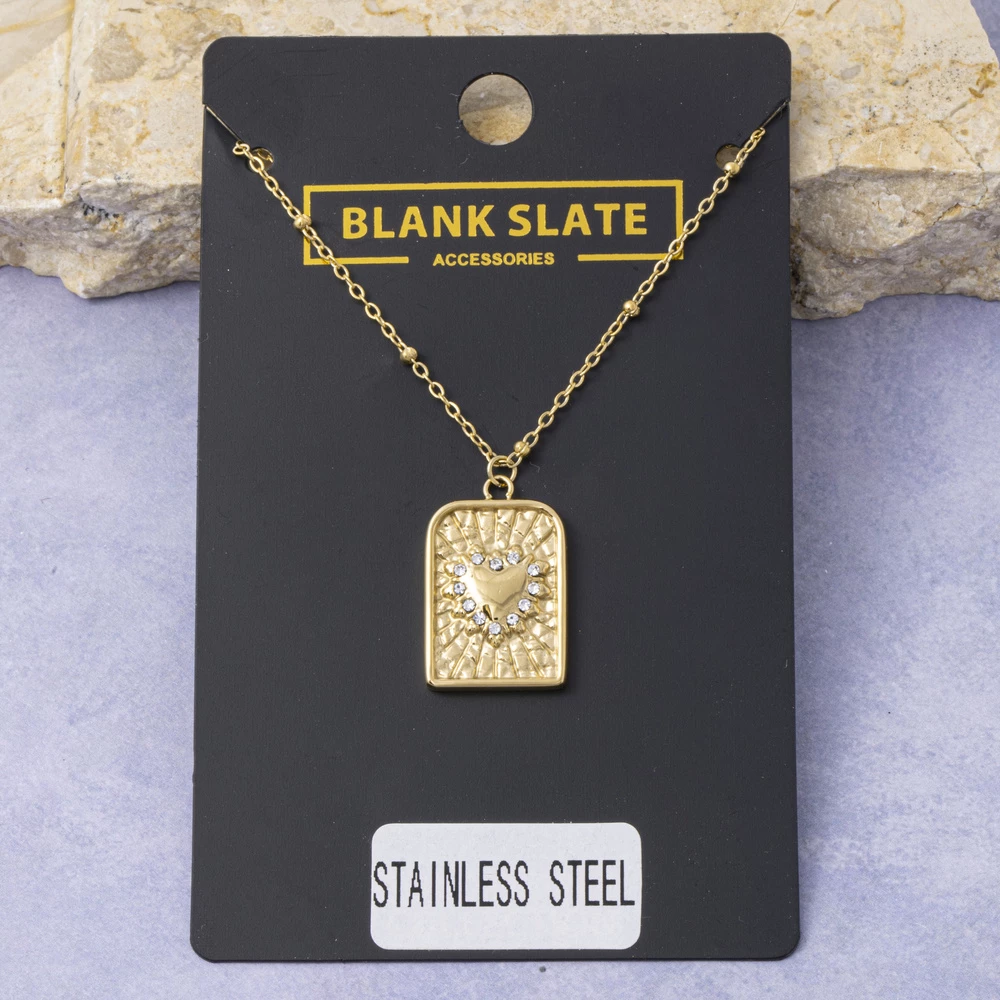Stainless Steel Sunburst Heart Tag Necklace
