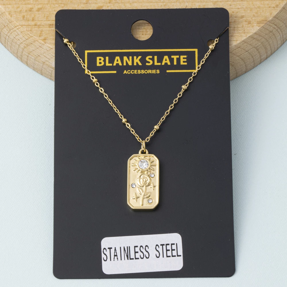 Stainless Steel Sun And Flower Cz Tag Necklace