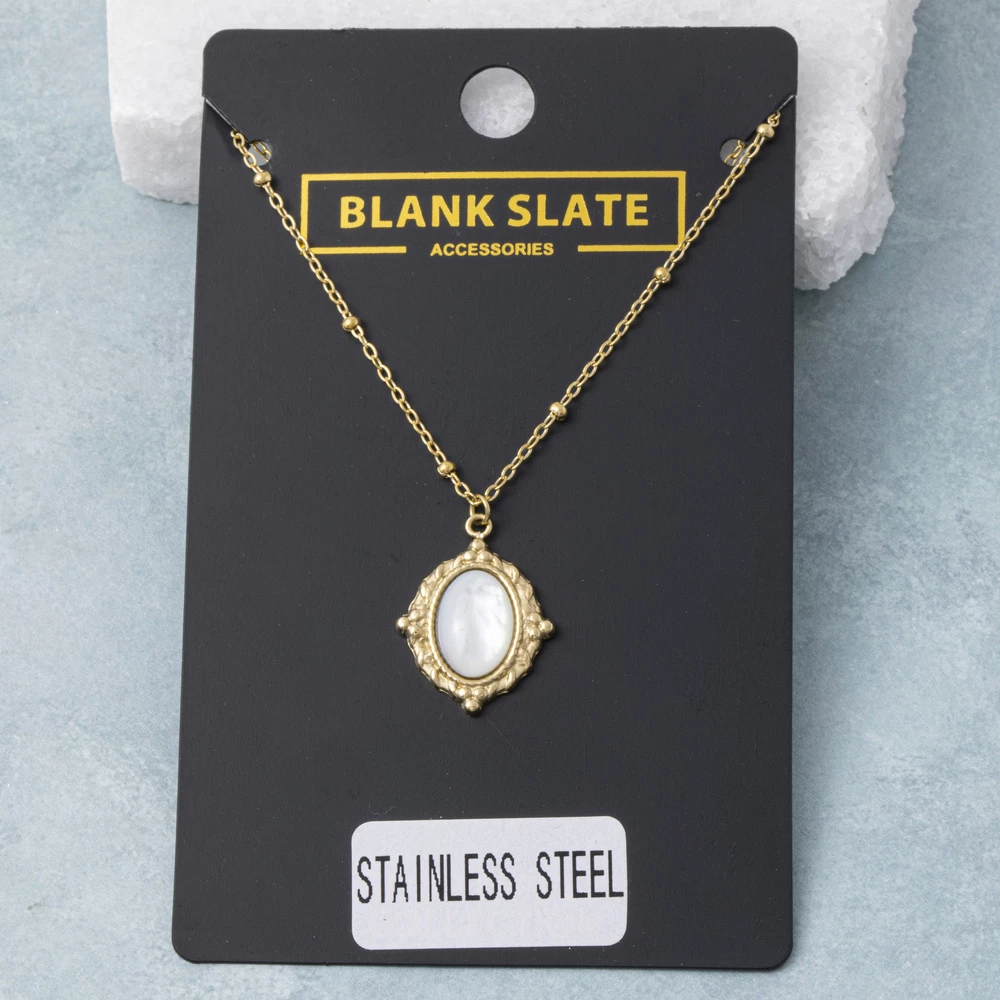 Stainless Steel Mother Of Pearl Oval Frame Necklace