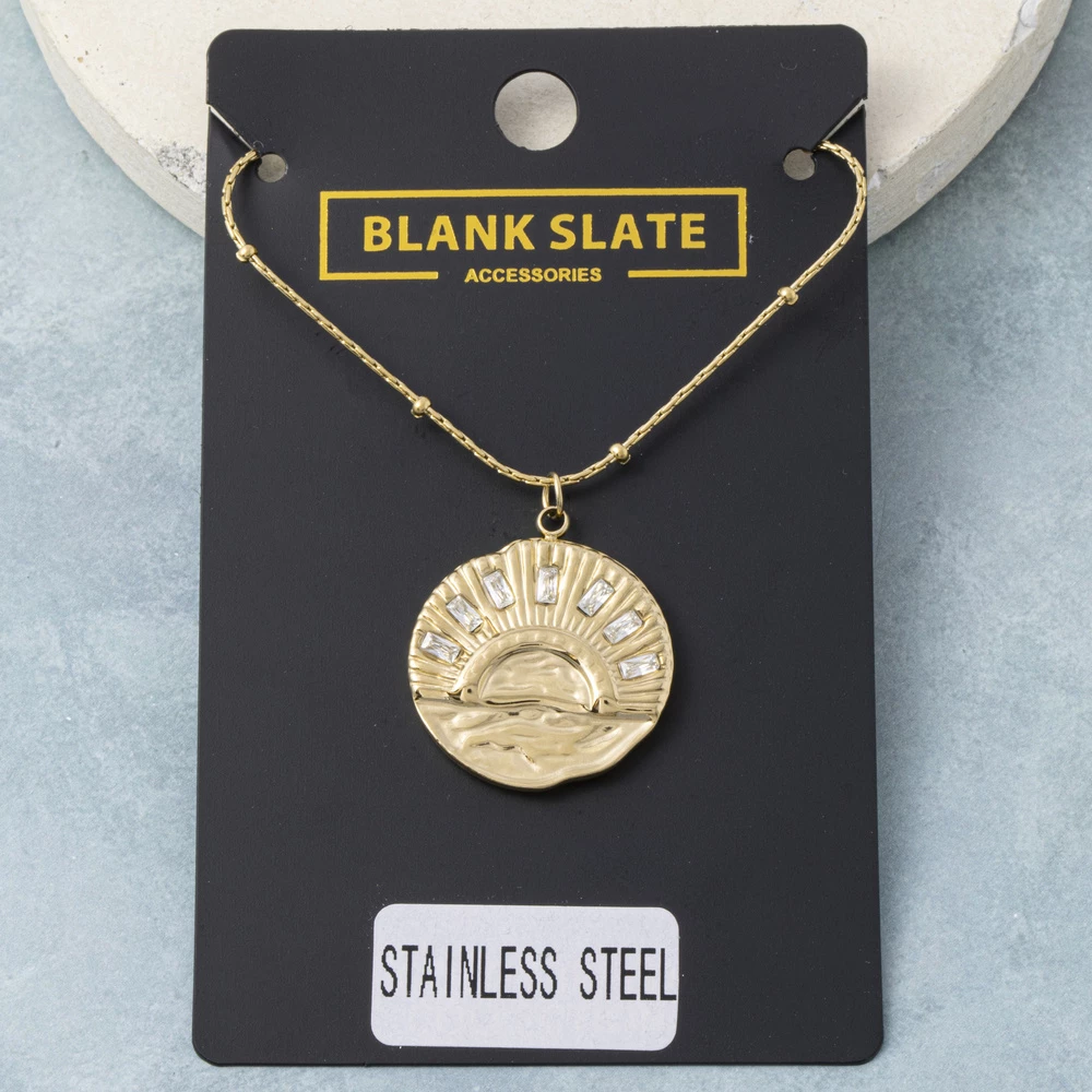 Stainless Steel Baguette Sunrise Coin Pendant Necklace
