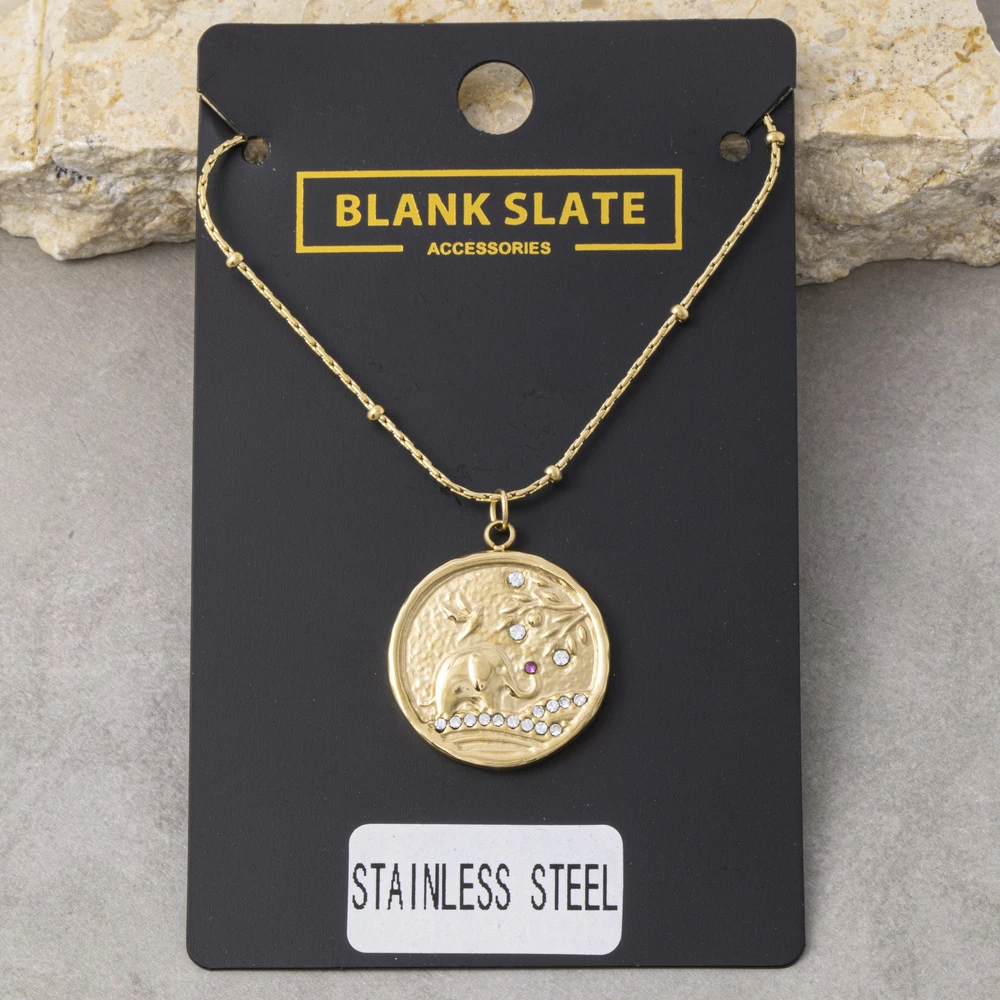Stainless Steel Cat And Bird Coin Pendant Necklace