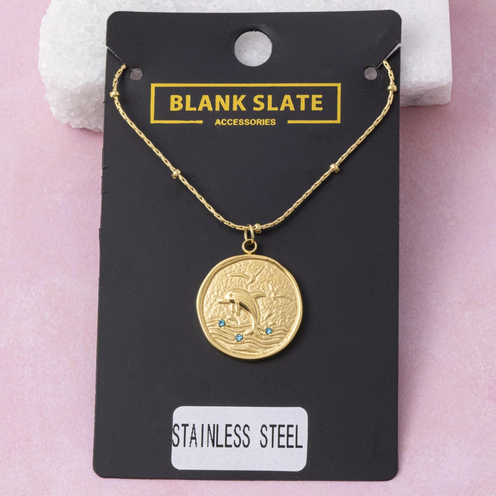 Stainless Steel Dolphin Wave Coin Pendant Necklace