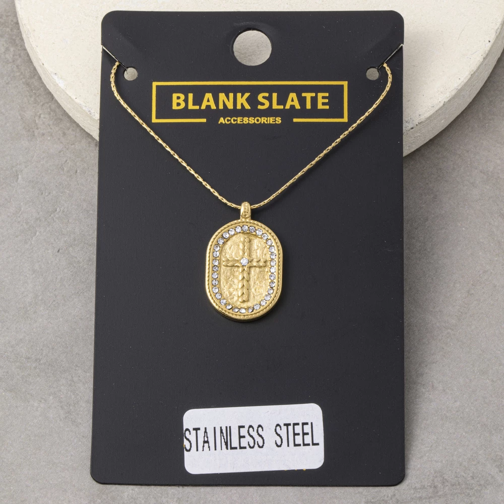 Stainless Steel Pave Cross Oval Pendant Necklace