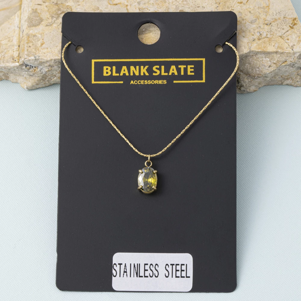 Stainless Steel Oval Faceted Stone Pendant Necklace