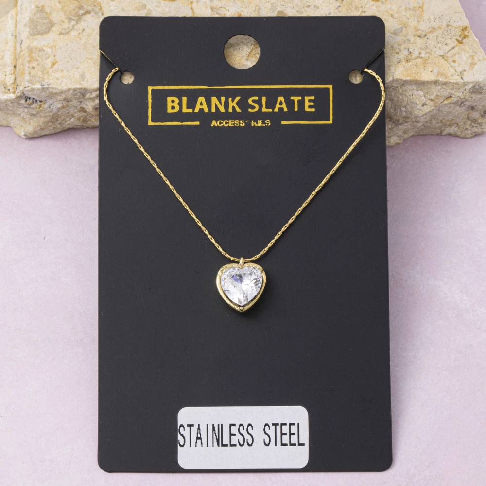 Stainless Steel Heart Cz Bezel Pendant Necklace