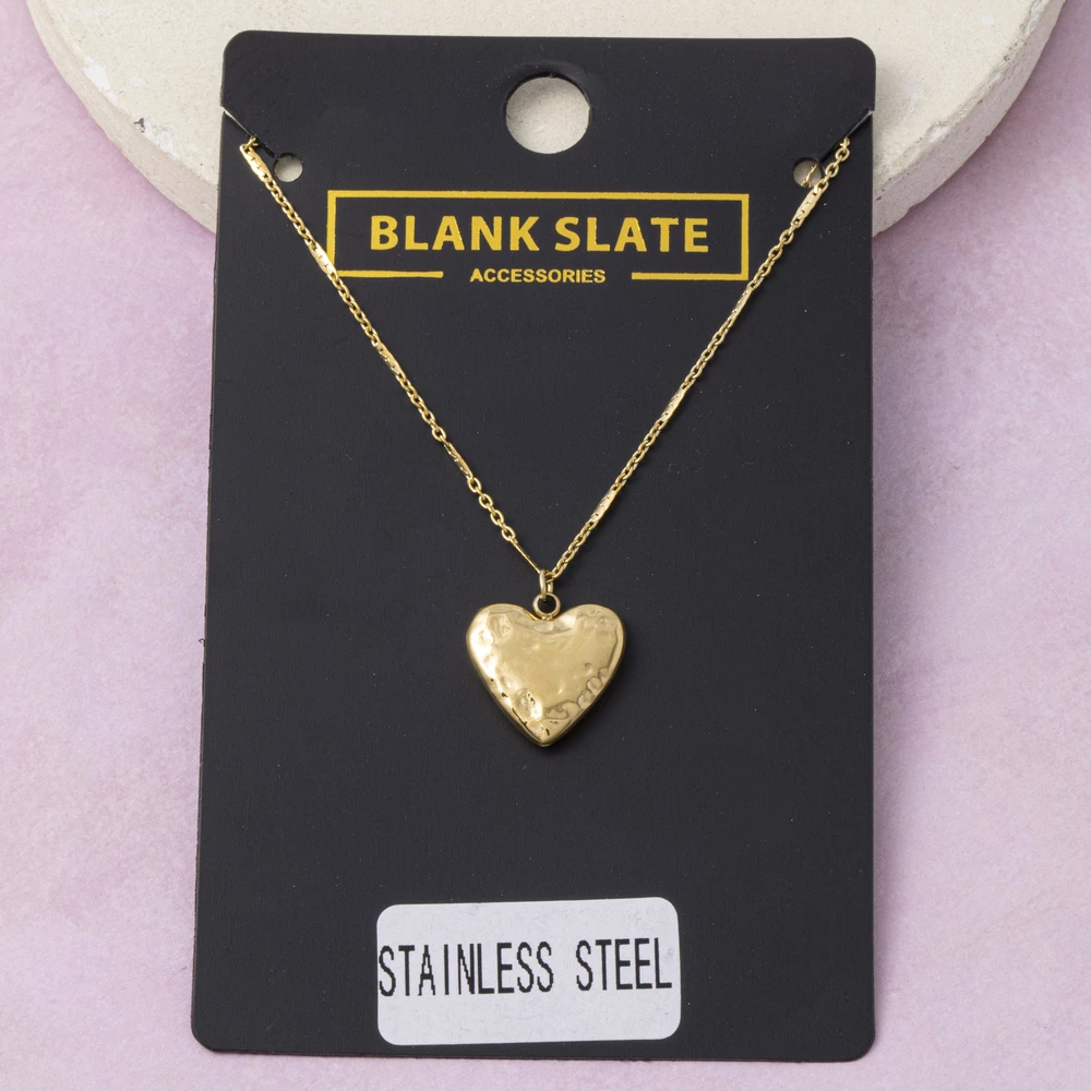Stainless Steel Puffed Hammered Heart Necklace